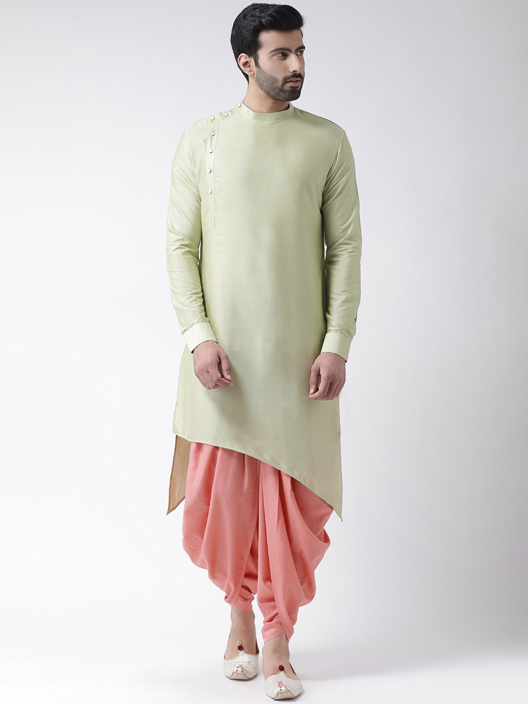 

KISAH Men Regular Fit Solid Asymmetric Kurta Dhoti Set, Green