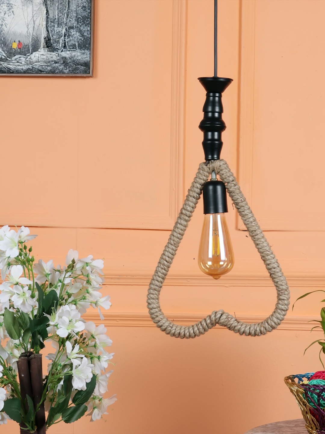 

MFD HOME FURNISHING Brown Rope Heart Ceiling Lamp
