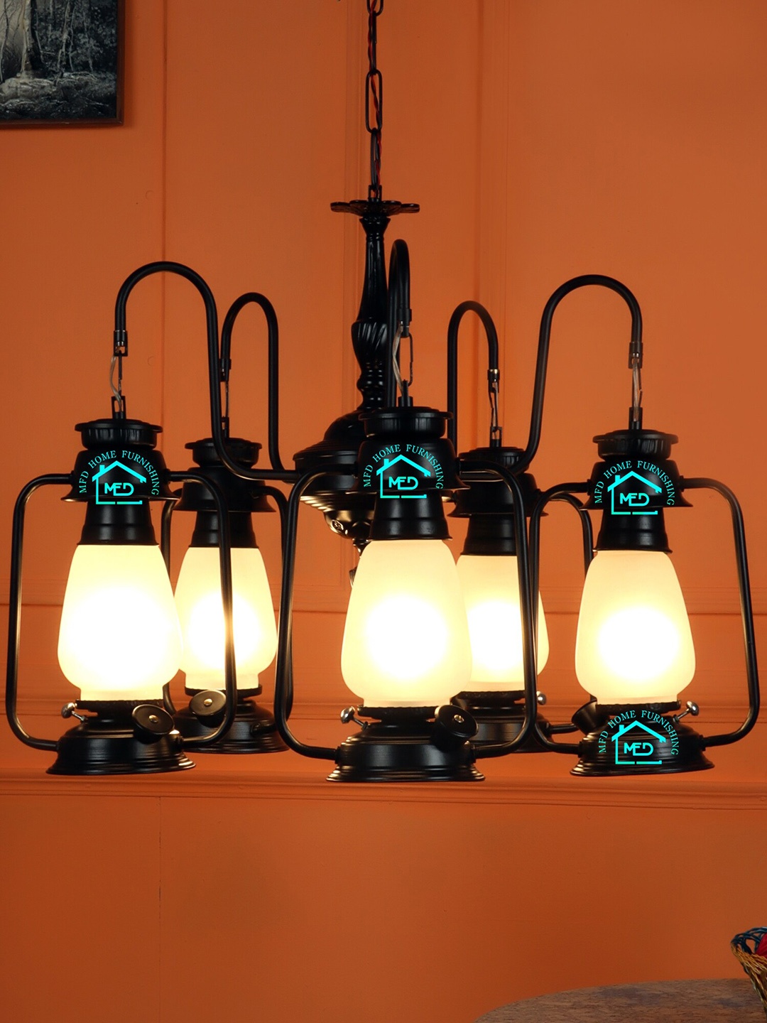 

MFD HOME FURNISHING Set of 5 Black Lantern Frost Glass Hanging Lamp