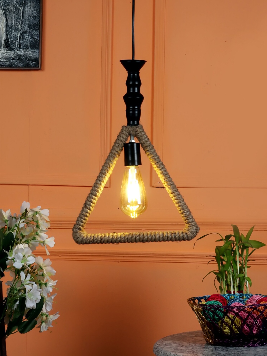 

MFD HOME FURNISHING Brown Rope Triangle Ceiling Lamps