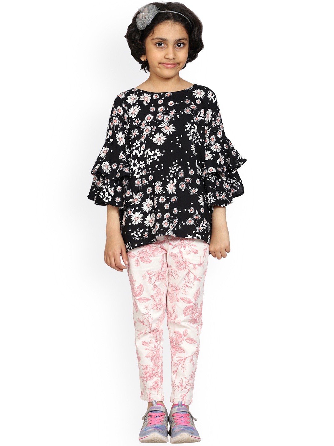 

KiddoPanti Black Floral Print Georgette Top