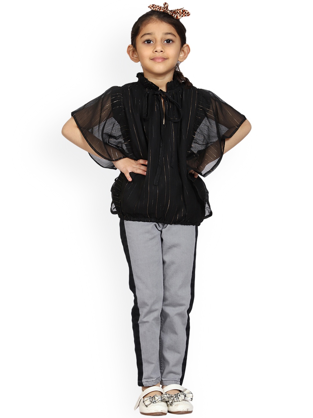 

KiddoPanti Black Embellished Georgette Blouson Top