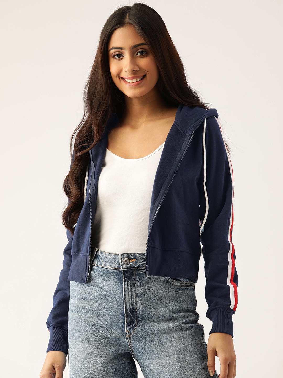 

HILL STREET Women Navy Blue Solid Hooded Sweatshirt with Side Stripes