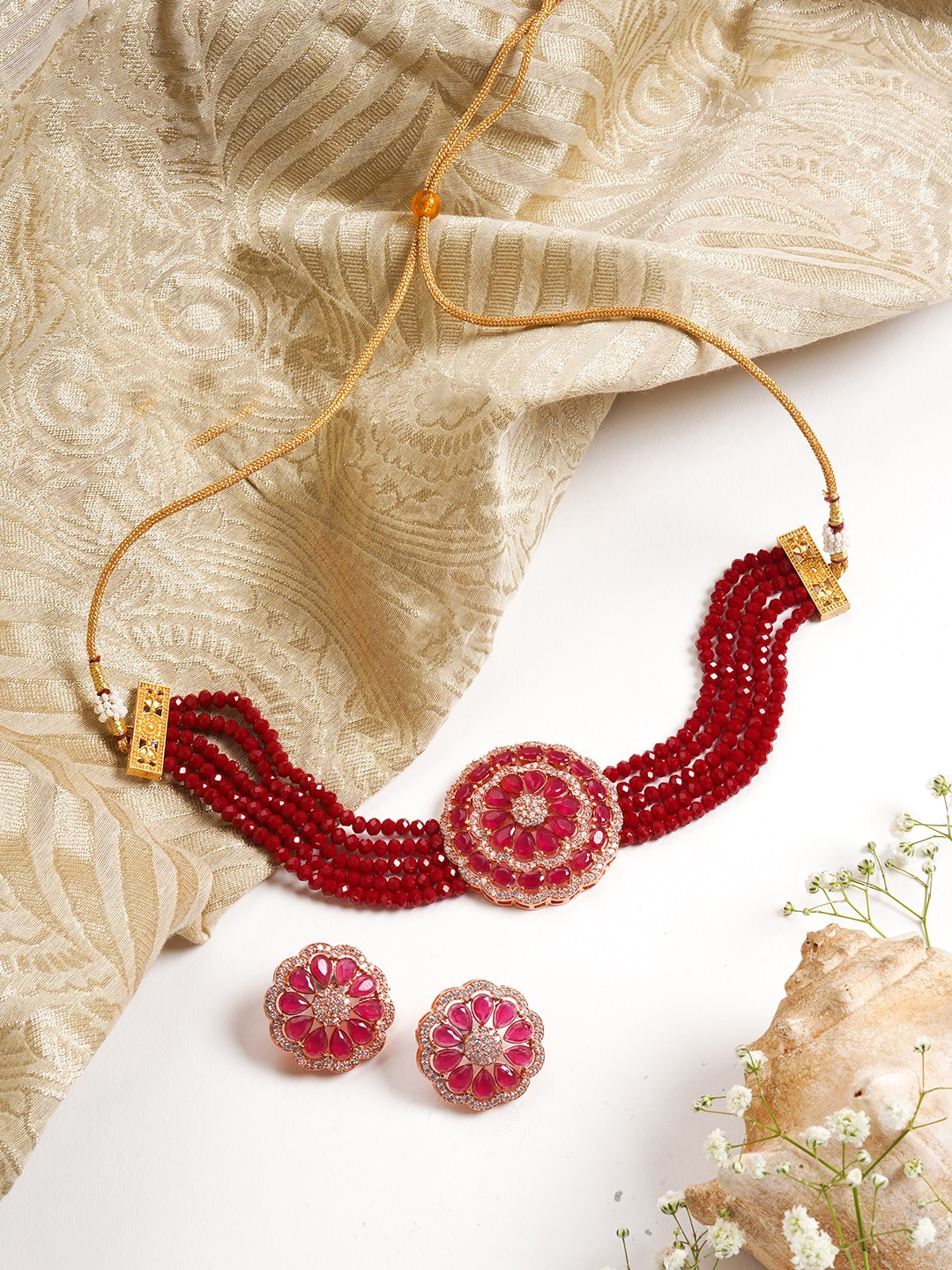 

TEEJH Gold-Plated & Red Stone-Studded Jewellery Set