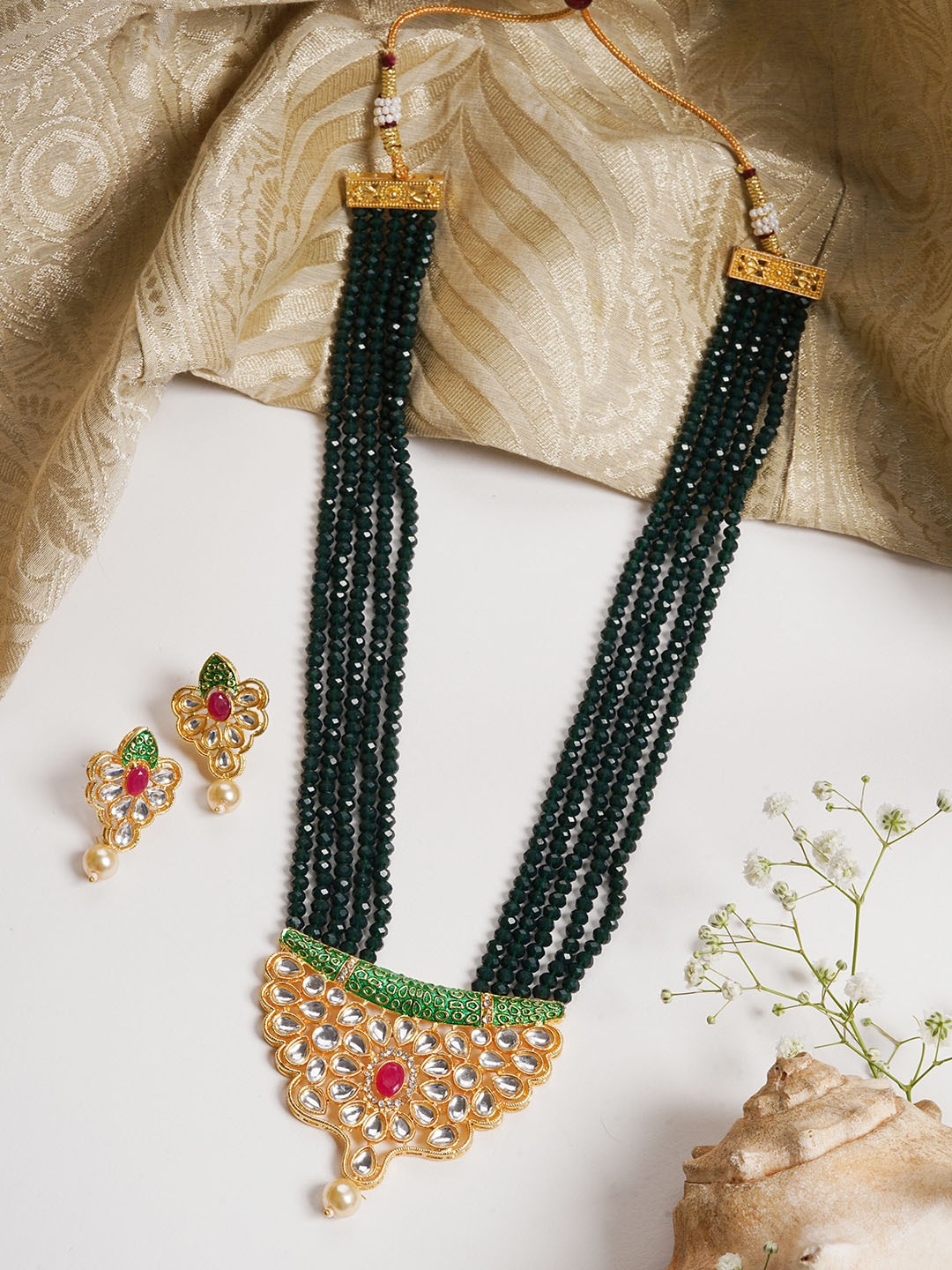 

TEEJH Gold-Toned & Green Gold-Plated Beaded & Stone Studded Jewellery Set