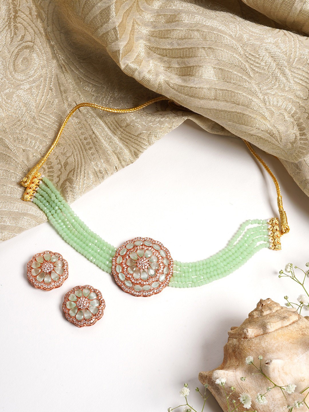 

TEEJH Gold-Plated & Green Stone-Studded & Beaded Jewellery Set