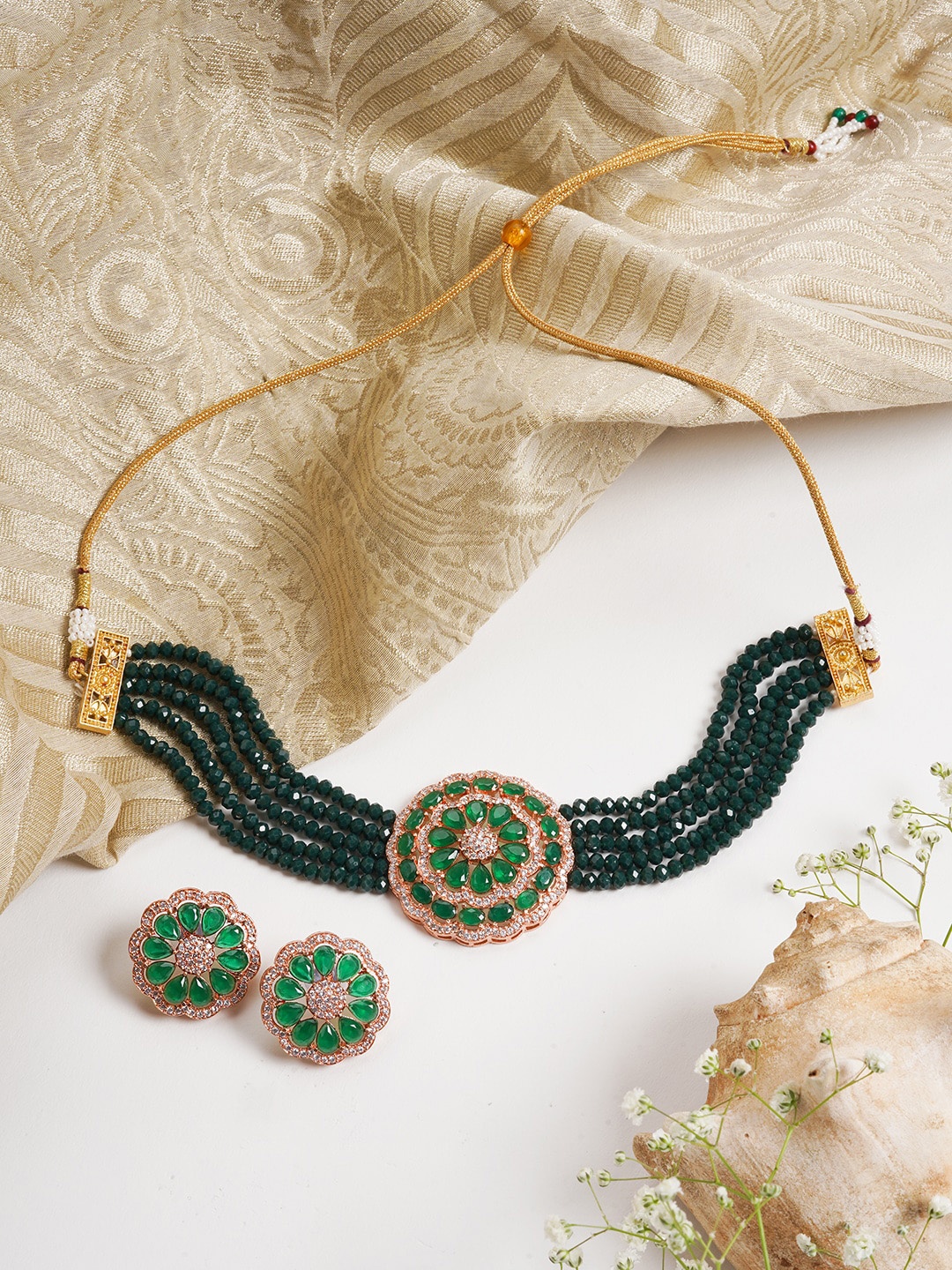 

TEEJH Gold-Plated & Green Beaded Jewellery Set
