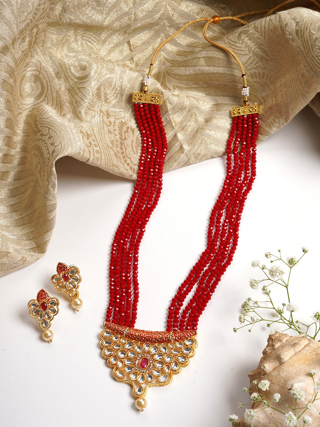 

TEEJH Gold-Plated & Red Stone Studded & Beaded Ranihaar Jewellery Set