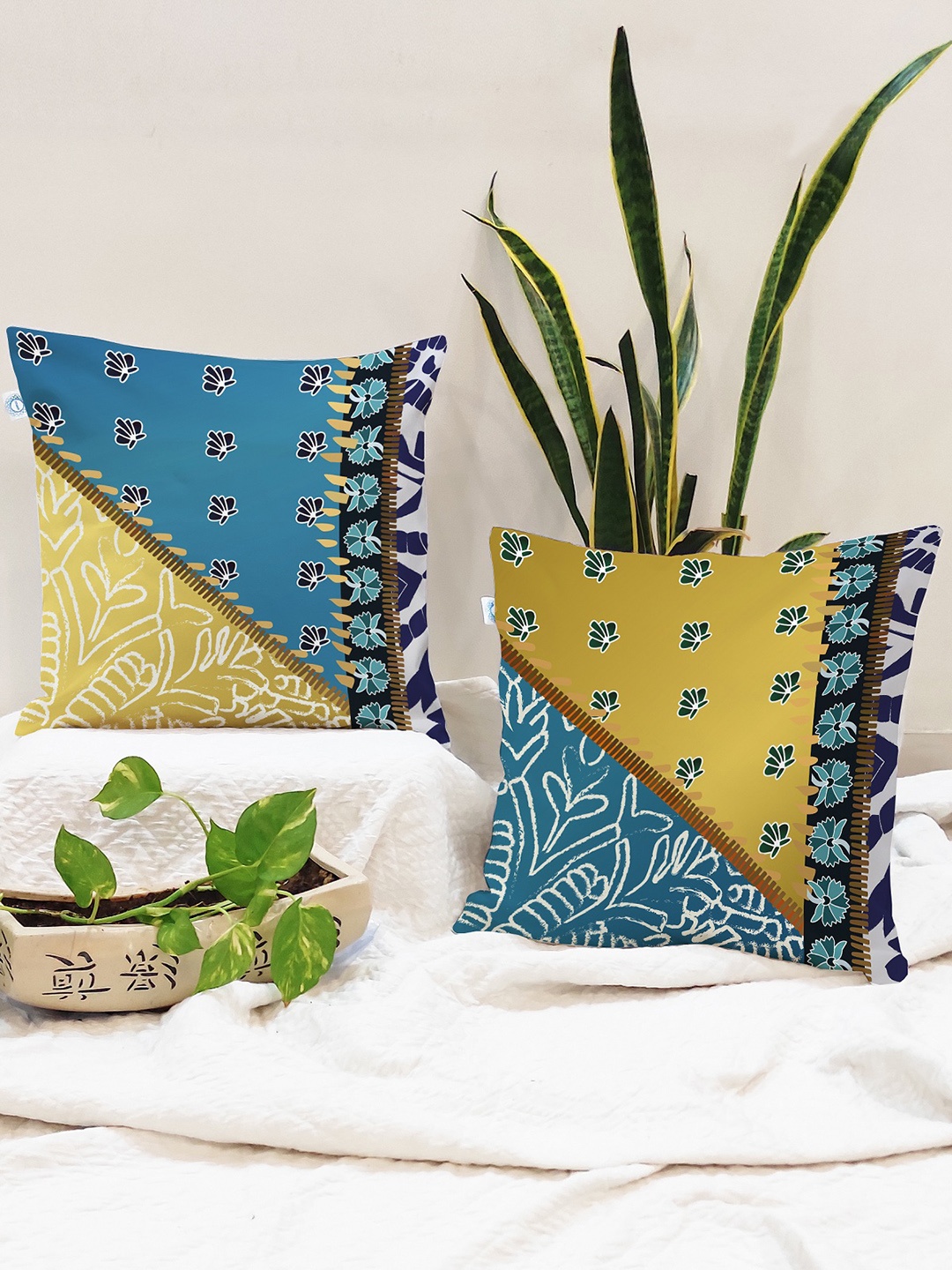 

STITCHNEST Blue & Mustard Set of 2 Abstract Square Cushion Covers