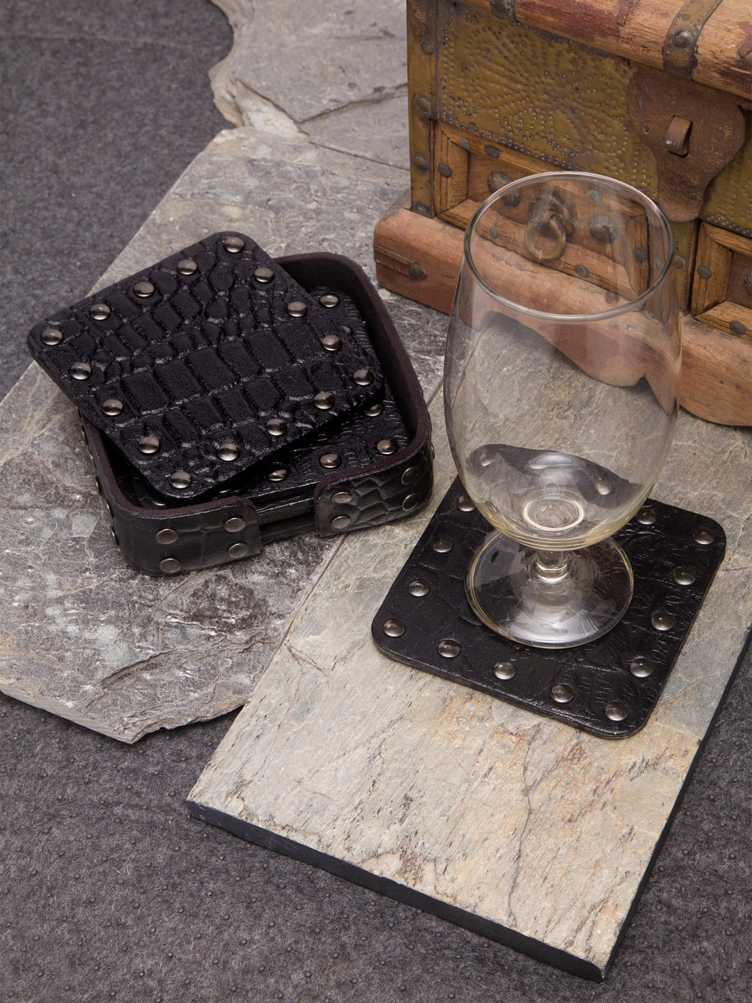 

IMUR Set Of 4 Black Textured Genuine Leather Coasters