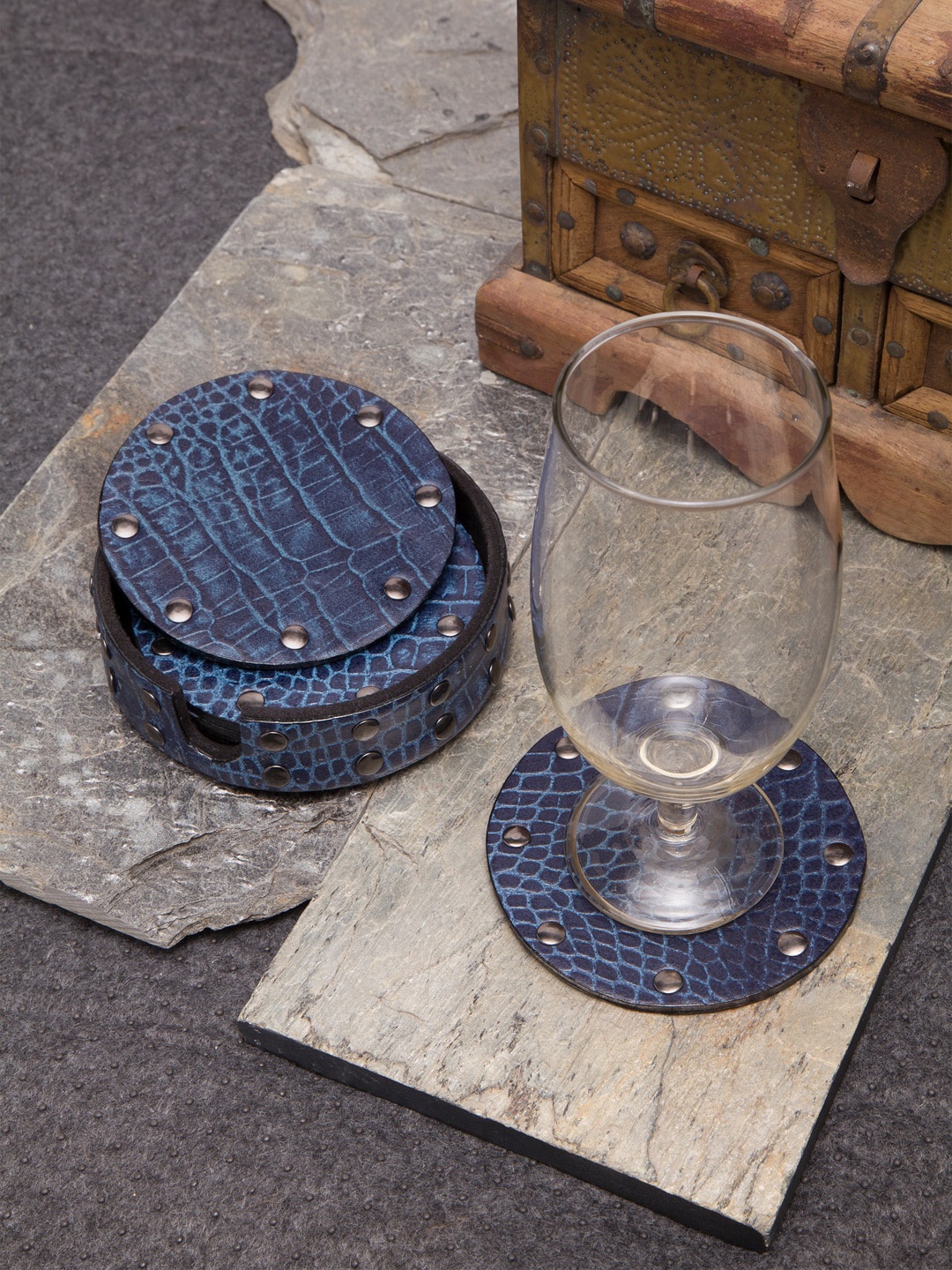 

IMUR Set Of 4 Blue Textured Genuine Leather Coasters