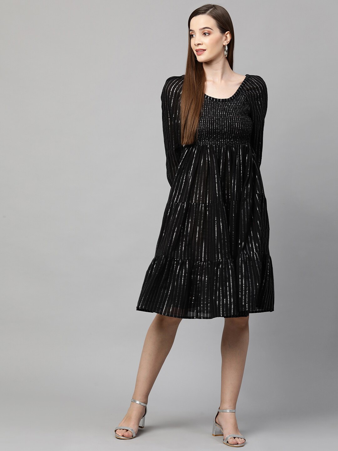

FASHOR Black & Gold-Toned Striped Round Neck Empire Dress