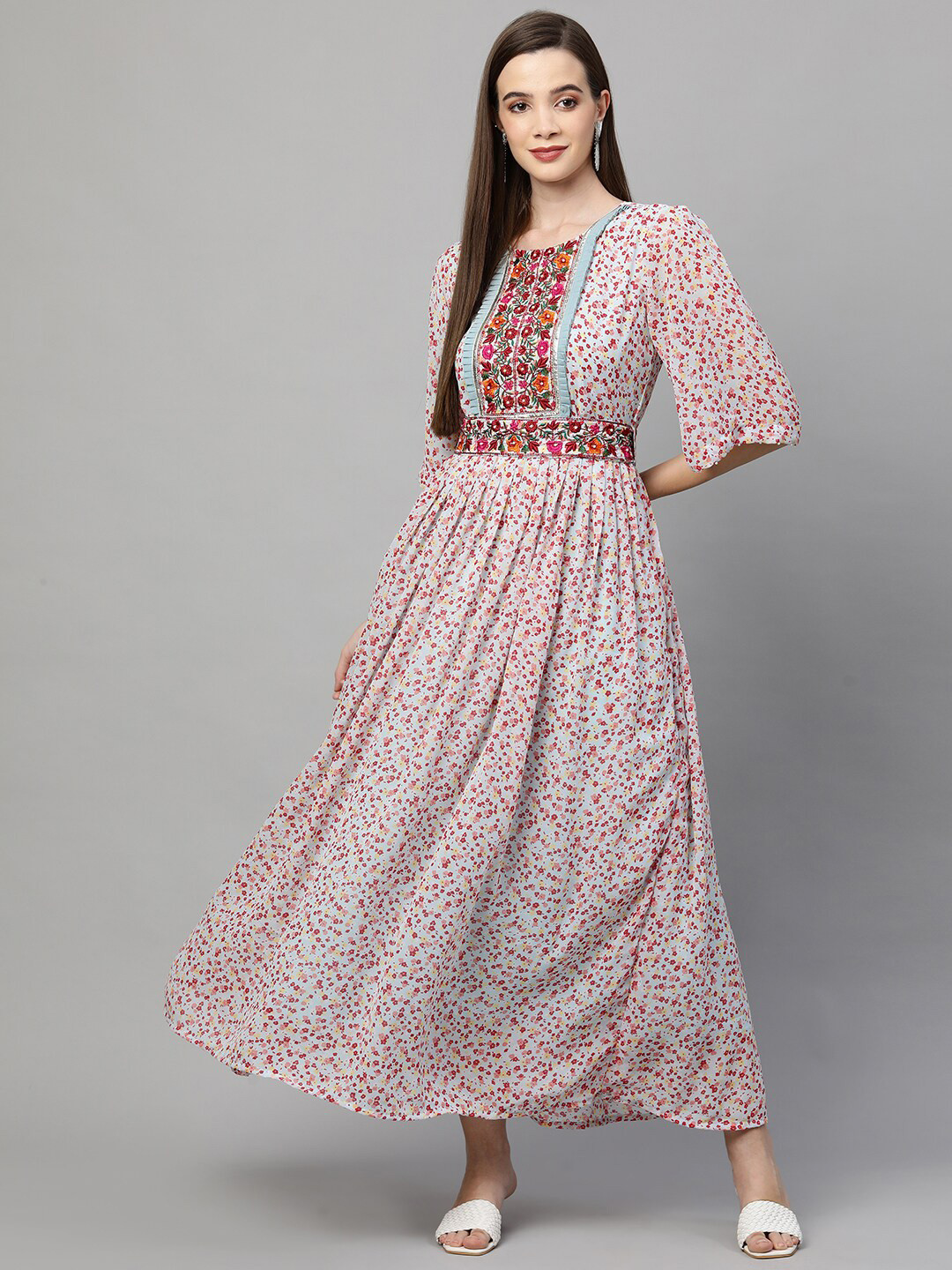 

FASHOR Pink & Yellow Floral Round Neck Maxi Dress