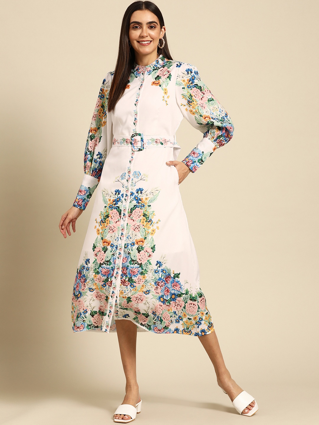 

FASHOR Women White & Blue Floral Print Shirt Style Bishop Sleeves Midi Dress with Belt