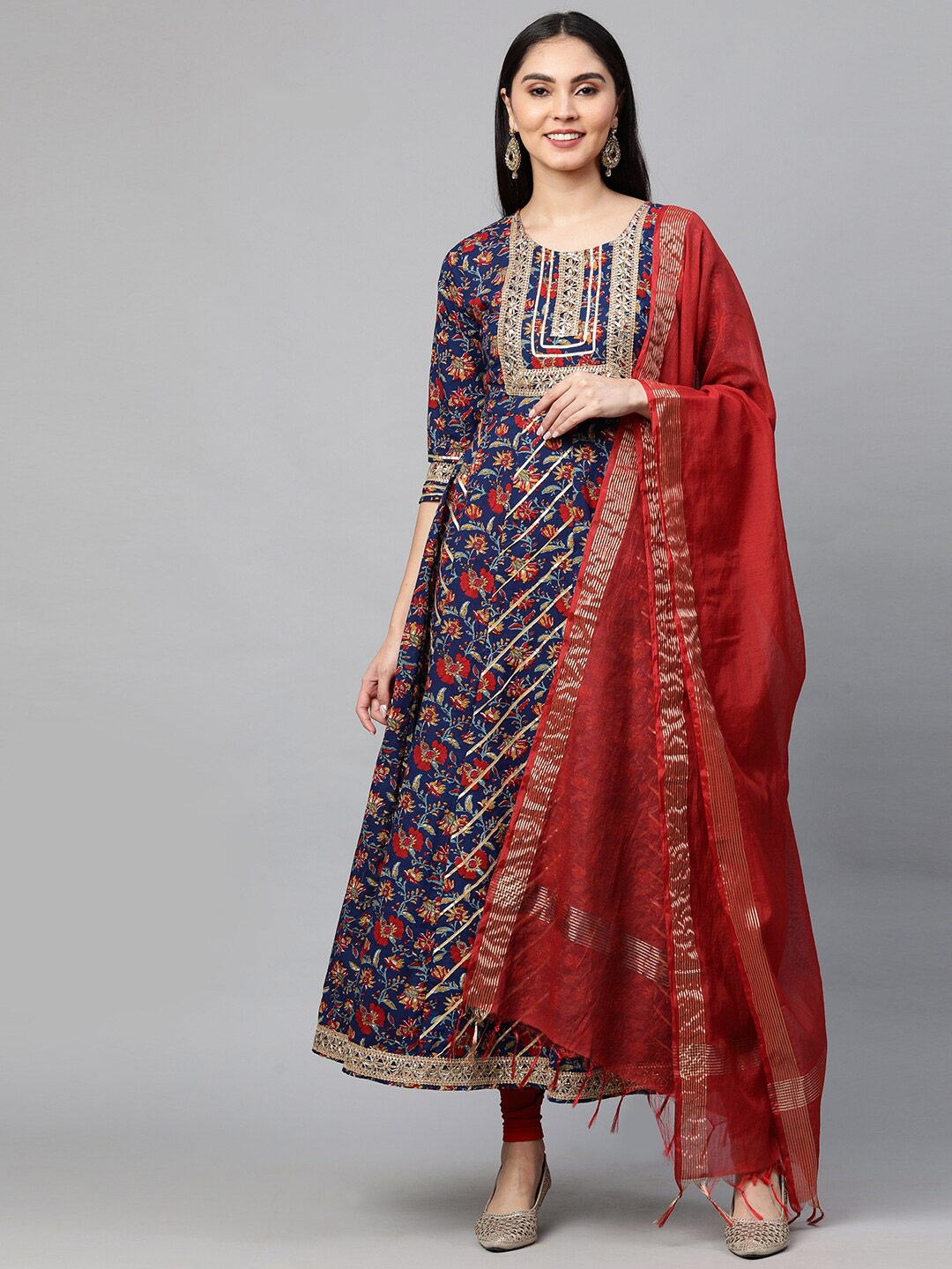 

FASHOR Blue Floral Round Neck A-Line Dress With Dupatta