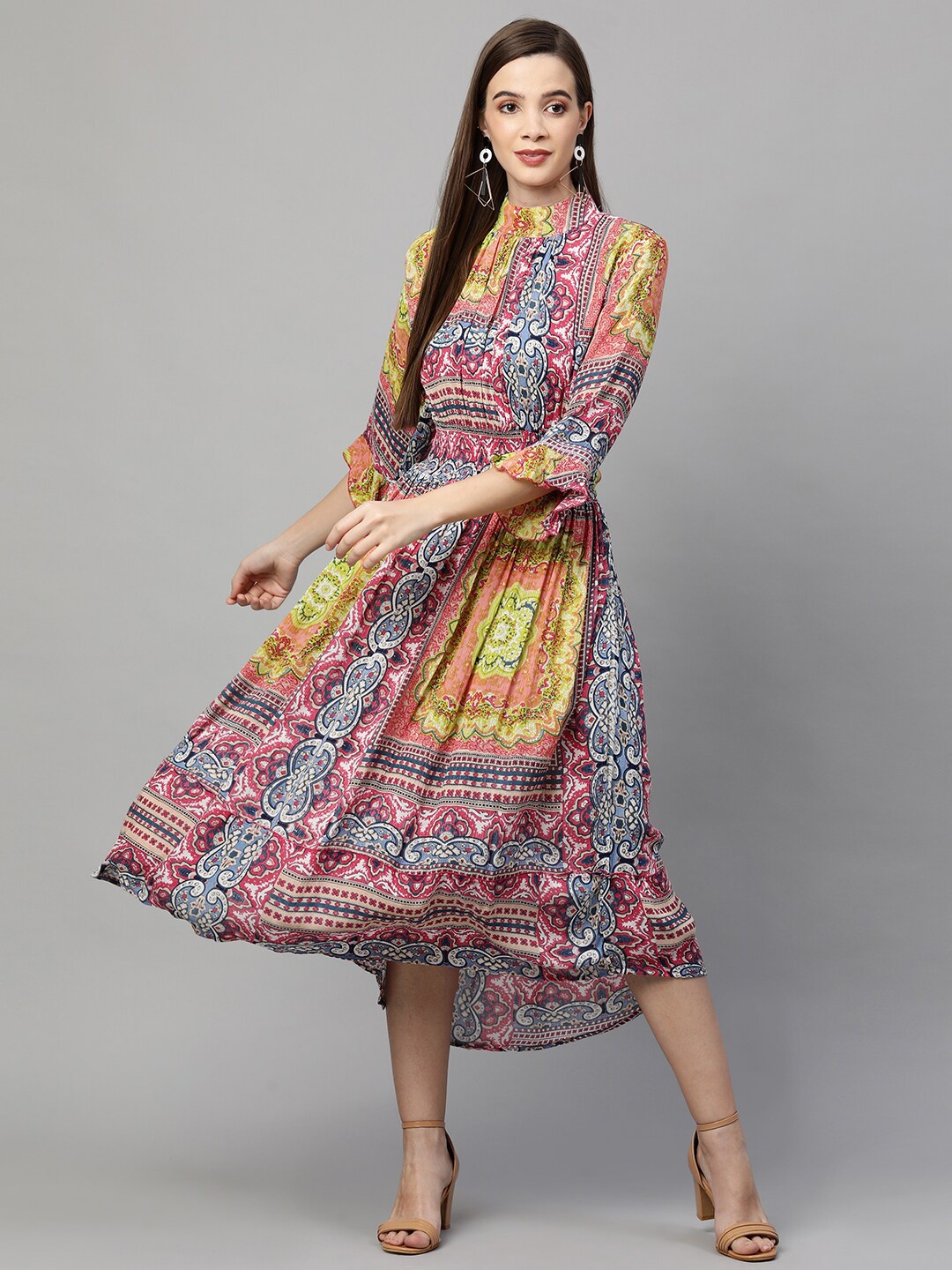 

FASHOR Women Multicoloured Ethnic Motifs A-Line Midi Dress, Multi