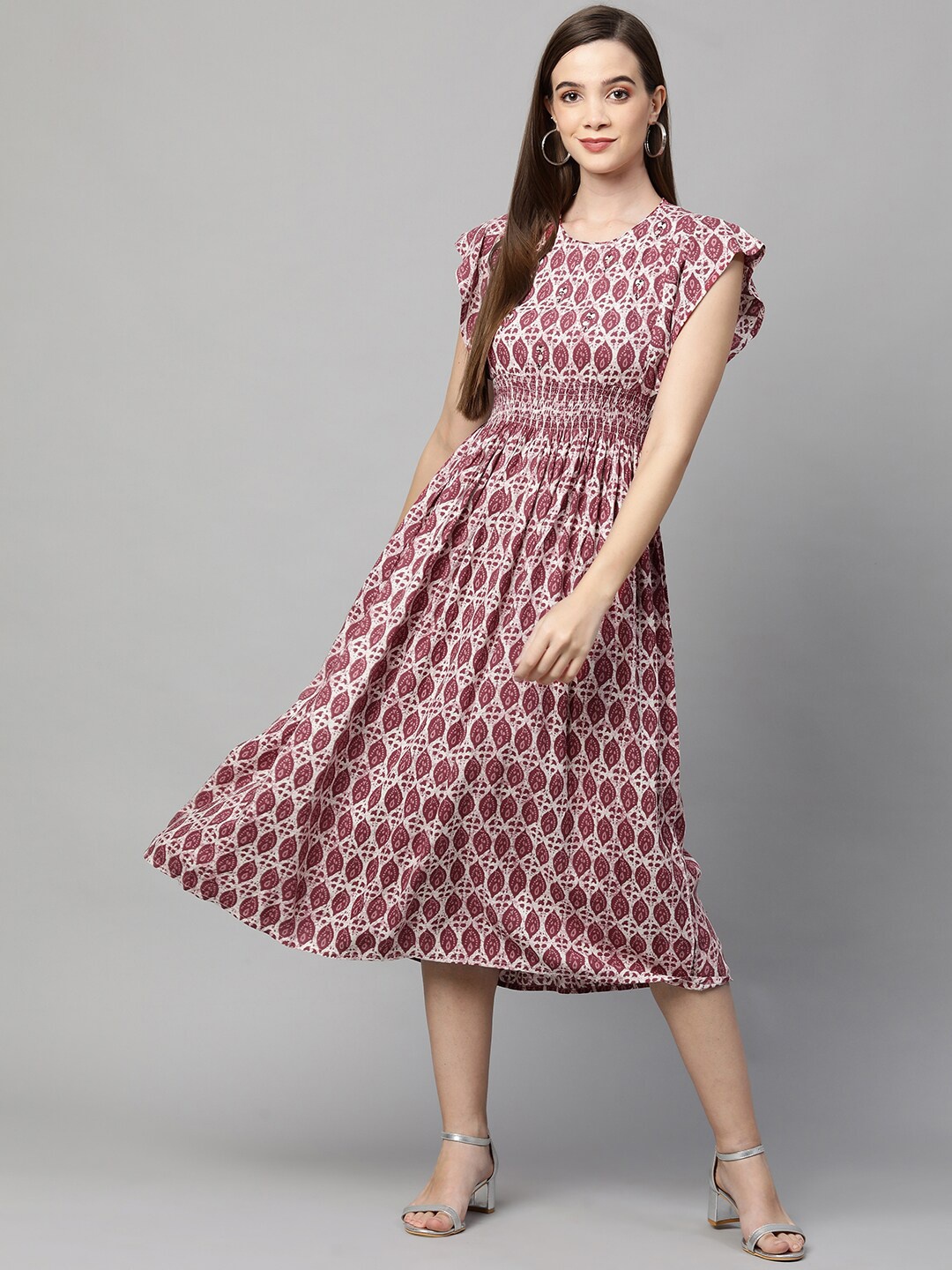 

FASHOR Hippie Pink & Maroon Ethnic Motifs Round Neck A-Line Midi Dress