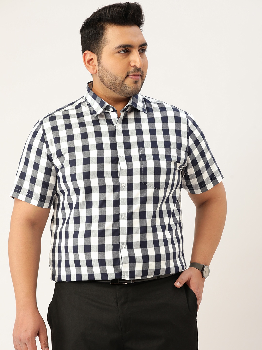 

IVOC Plus Men Navy Blue & White Pure Cotton Comfort Gingham Checks Formal Shirt
