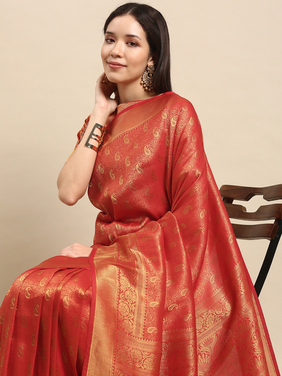 

all about you Red & Gold-Toned Paisley Zari Silk Blend Kanjeevaram Saree