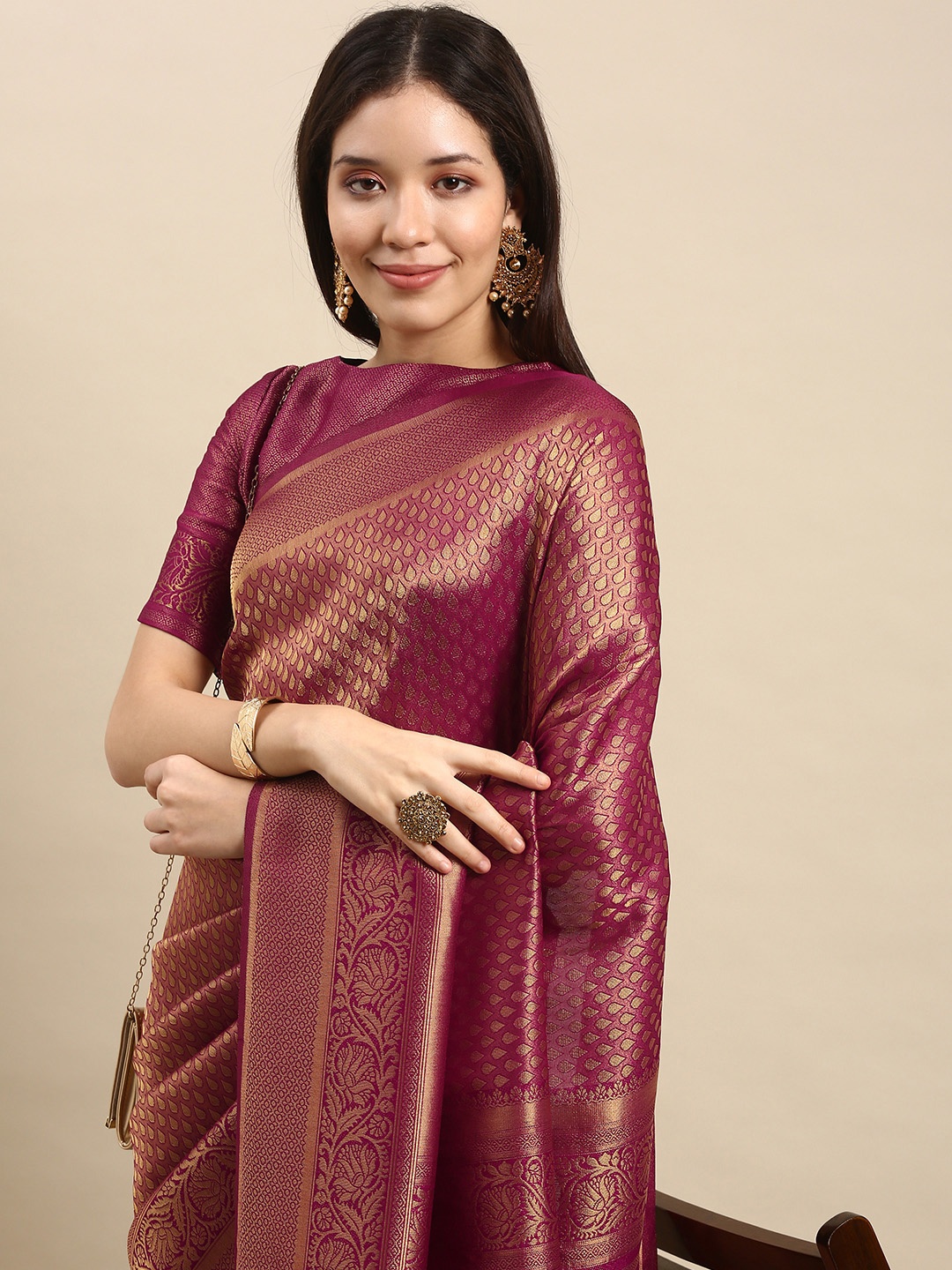 

all about you Burgundy & Gold-Toned Ethnic Motifs Zari Silk Blend Kanjeevaram Saree