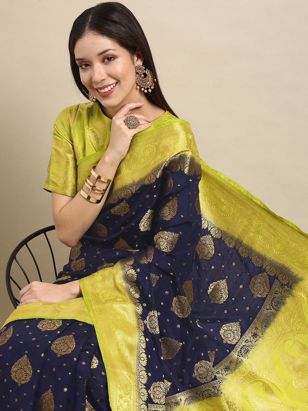 

all about you Navy Blue & Lime Green Ethnic Motifs Zari Silk Blend Kanjeevaram Saree