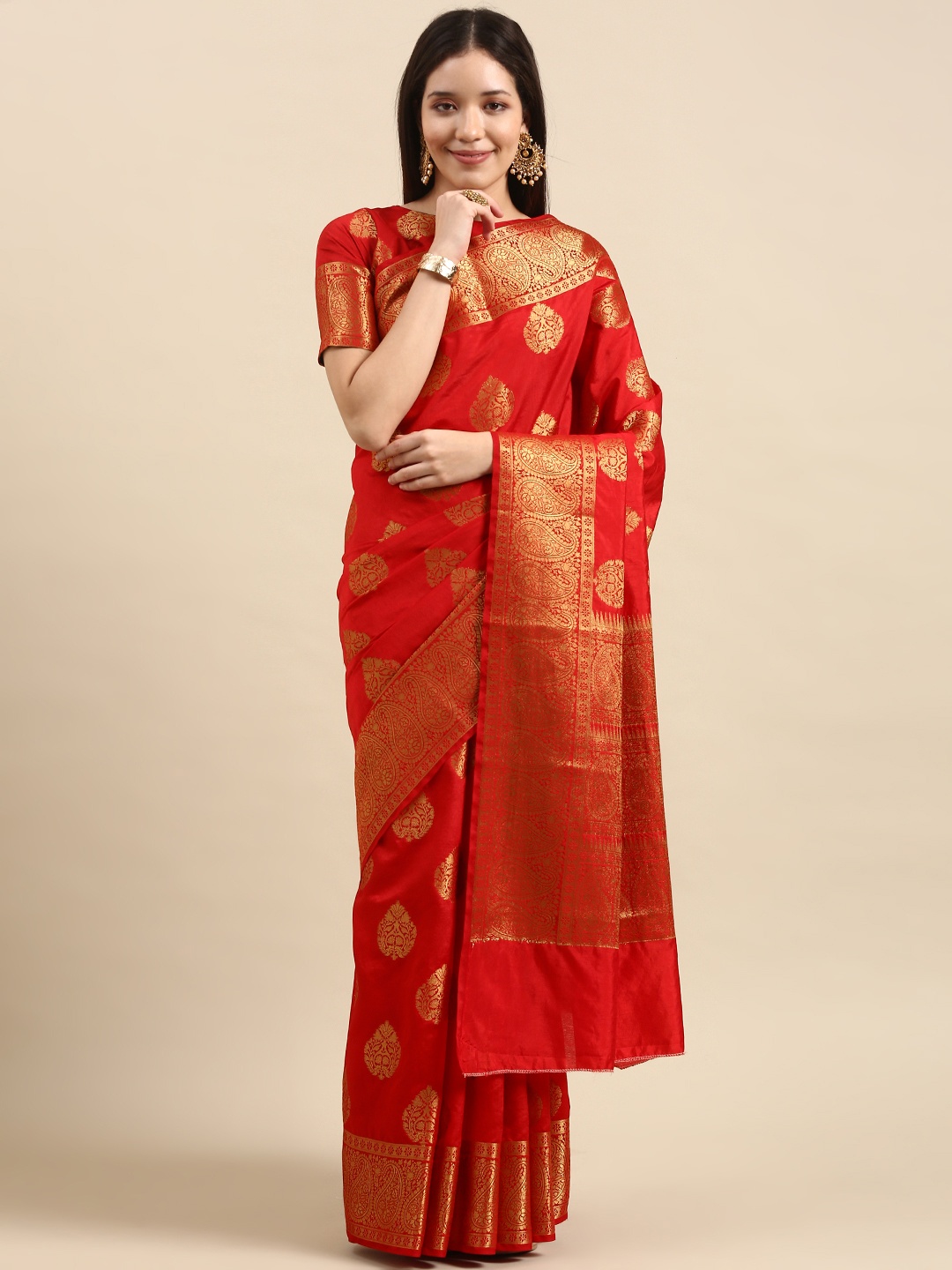 

all about you Red & Gold-Toned Ethnic Motifs Zari Silk Blend Kanjeevaram Saree