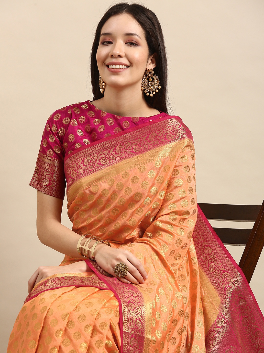 

all about you Orange & Fuchsia Pink Ethnic Motifs Zari Silk Blend Kanjeevaram Saree