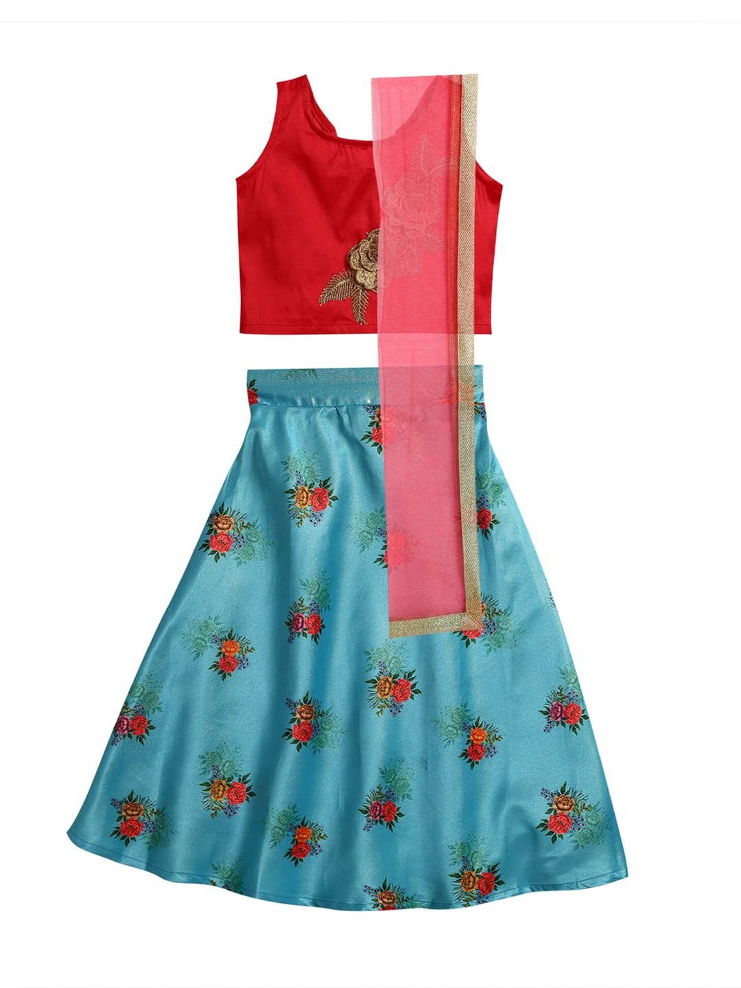 

Hopscotch Girls Blue & Red Embellished Patchwork Ready to Wear Lehenga & Blouse With Dupatta