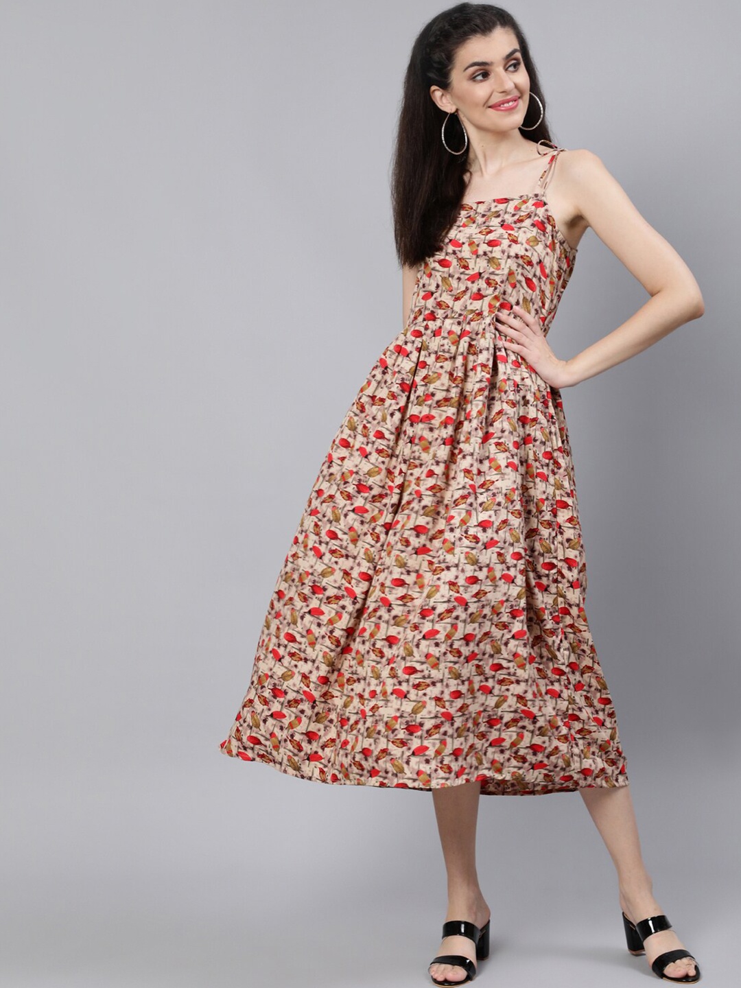 

AASI - HOUSE OF NAYO Beige & Orange Floral Crepe A-Line Midi Dress