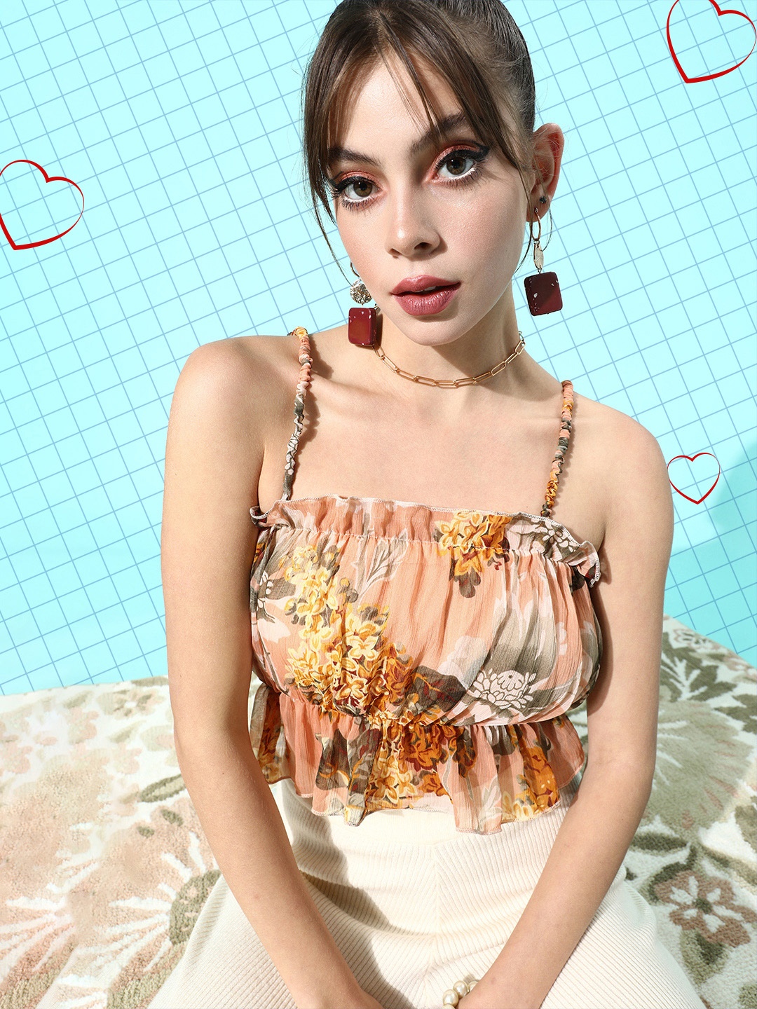 

ANVI Be Yourself Floral Print Chiffon Cinched Waist Crop Top, Peach