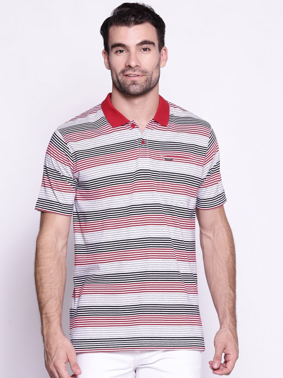

Proline Men Red & Black Striped Polo Collar Pockets T-shirt