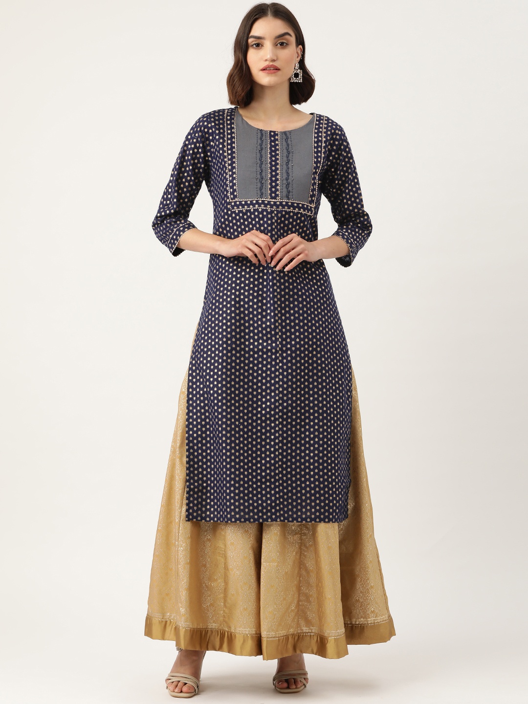 

INDYES Women Navy Blue & Gold-Toned Quirky Yoke Design Gotta Patti Quirky Kurta