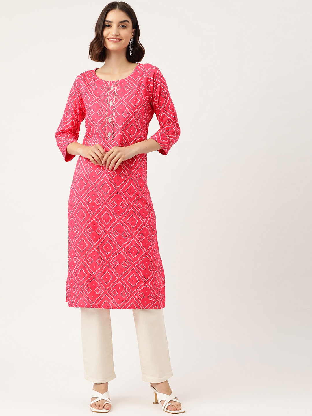 

INDYES Women Pink Bandhani Embroidered Quirky Kurta