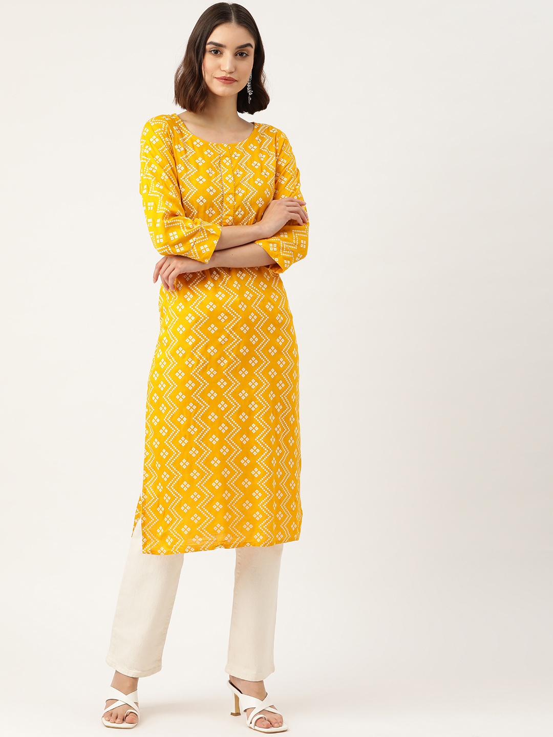

INDYES Women Mustard Yellow Bandhani Embellished Quirky Kurta