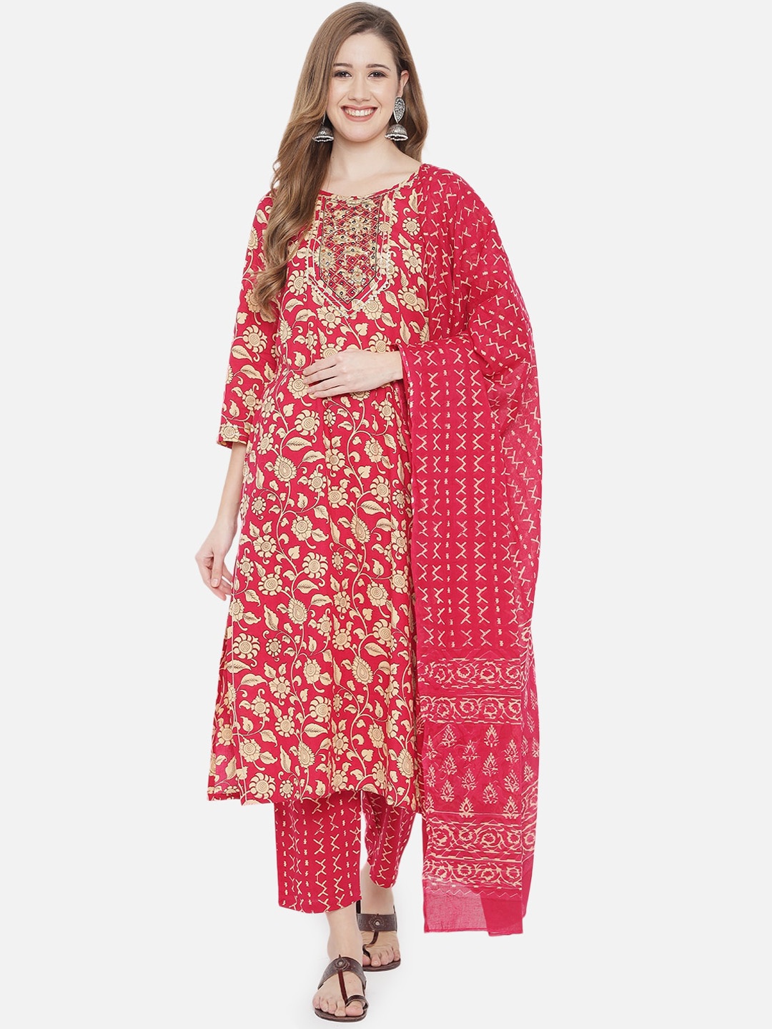 

Prakhya Woman Red Printed Pure Cotton Kurta with Palazzos & Dupatta