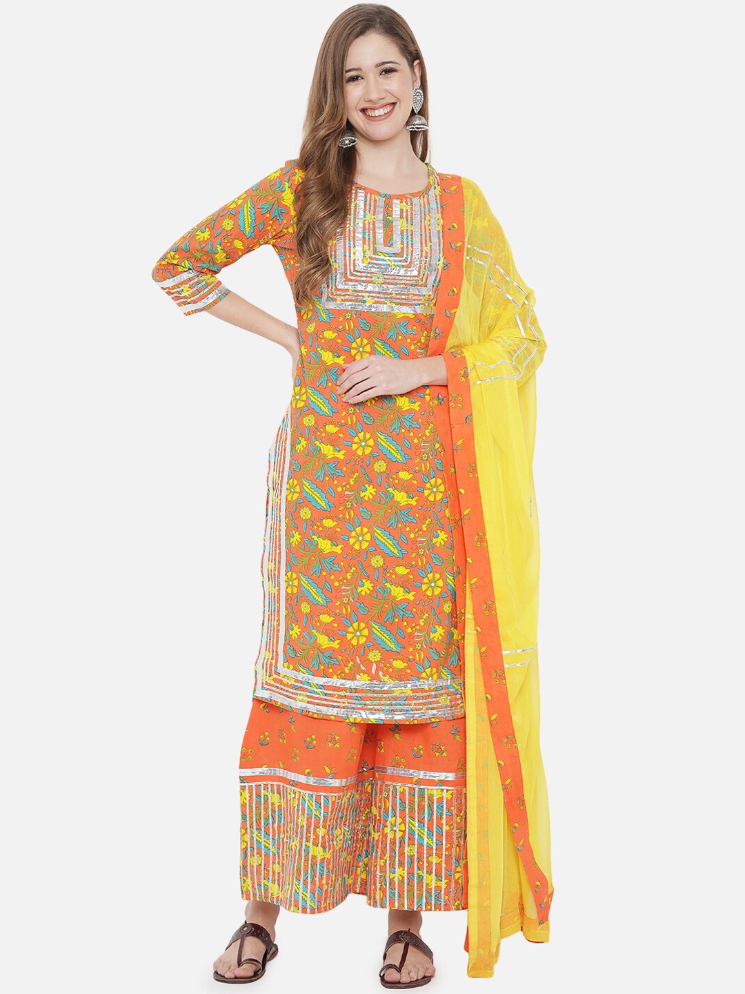 

Prakhya Women Orange Floral Printed Gotta Patti Pure Cotton Kurta with Palazzos & Dupatta