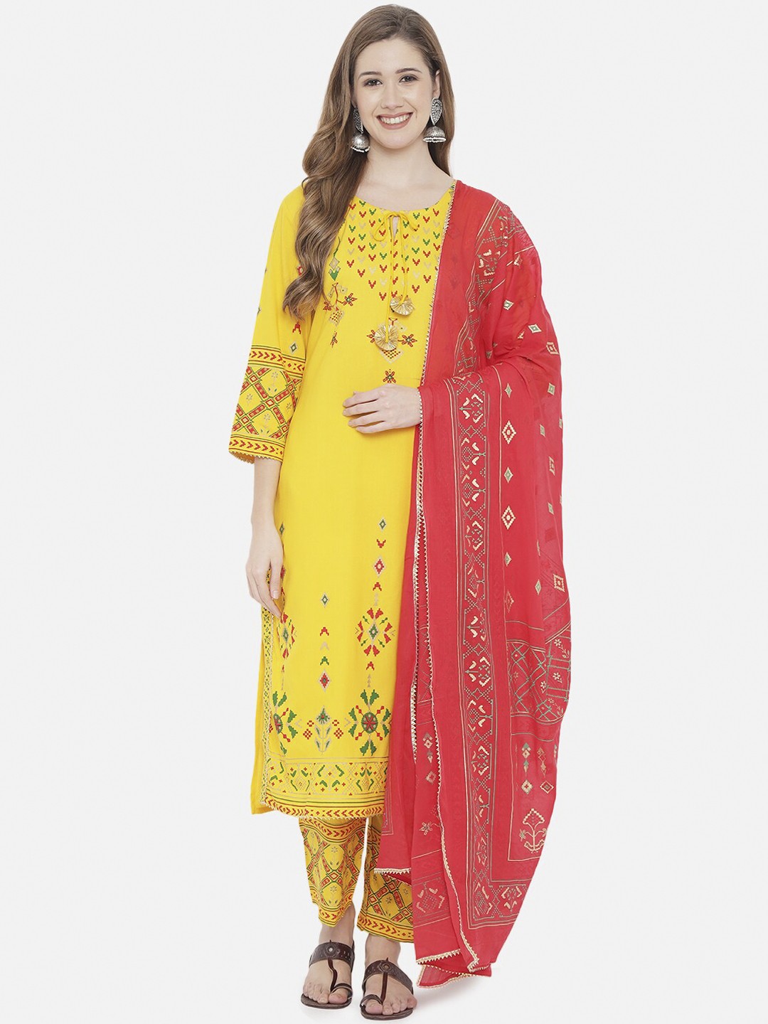 

Prakhya Women Yellow Ethnic Motifs Printed Kurta with Trousers & Dupatta