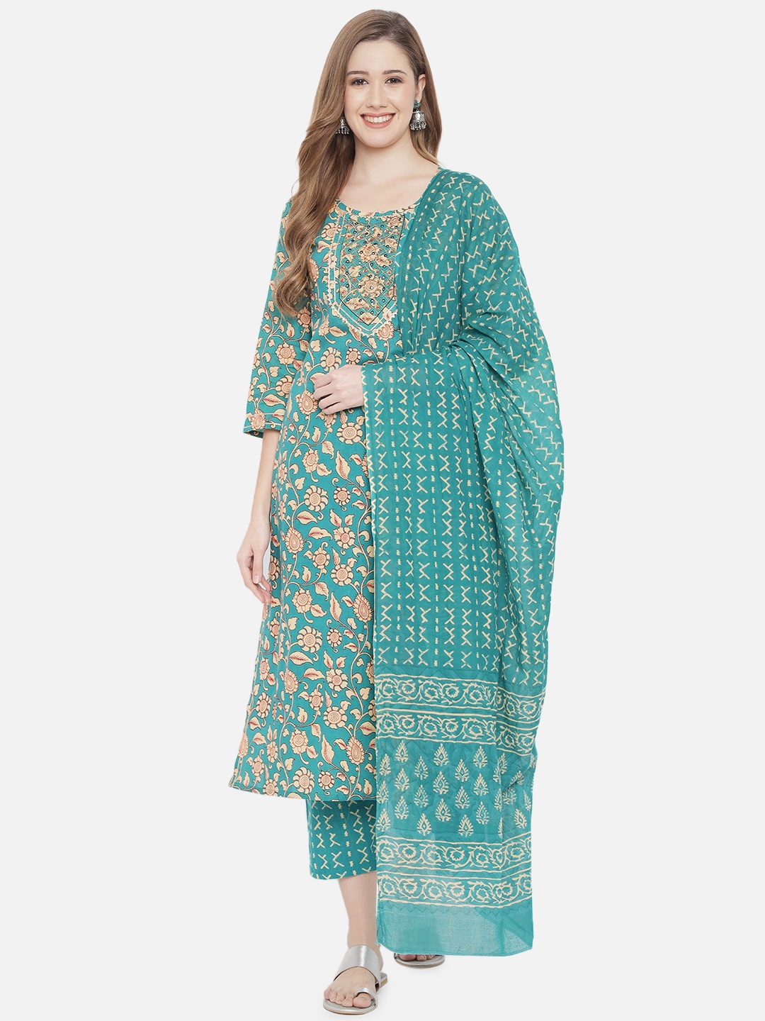 

Prakhya Women Green Floral Printed Pure Cotton Kurti with Trousers & Dupatta