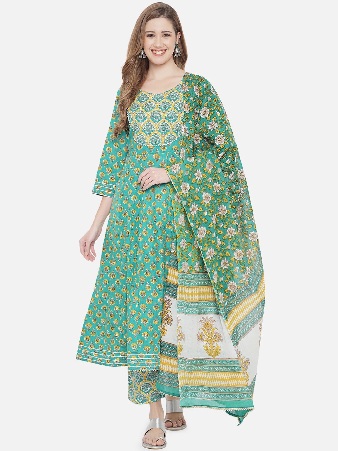 

Prakhya Women Green Floral Printed Panelled Pure Cotton Kurta with Palazzos & With Dupatta