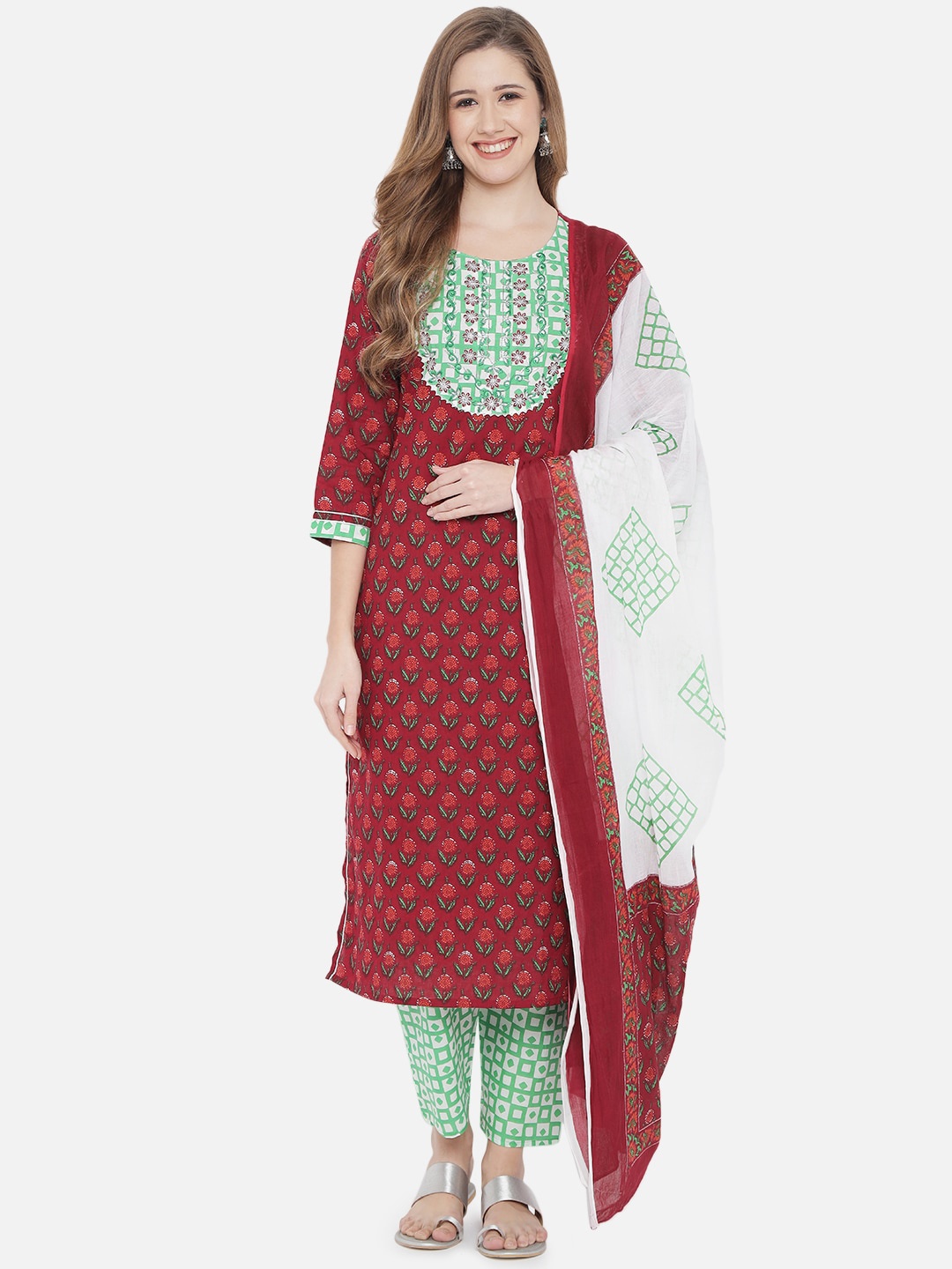 

Prakhya Women Red Ethnic Motifs Printed Pleated Pure Cotton Kurta With Palazzos & Dupatta