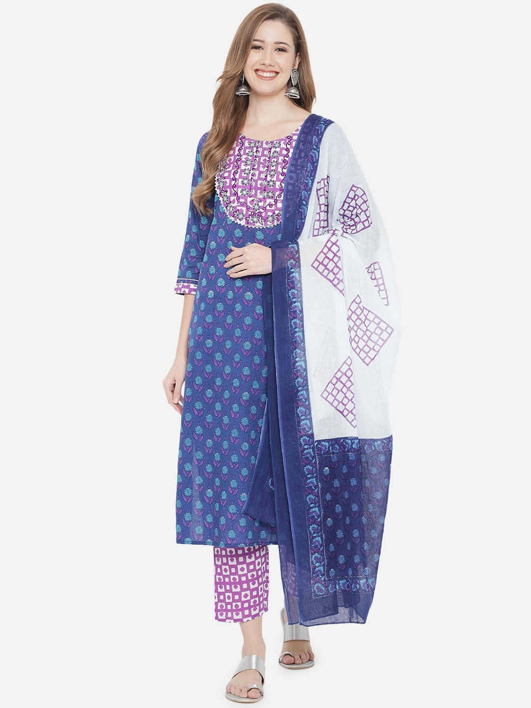 

Prakhya Women Blue Ethnic Motifs Printed Layered Pure Cotton Kurta with Trousers & With Dupatta