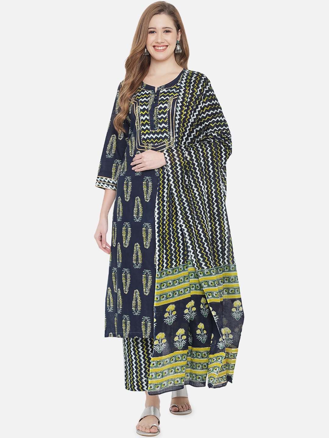 

Prakhya Women Blue & Yellow Ethnic Printed Pure Cotton Kurta with Palazzos & Dupatta