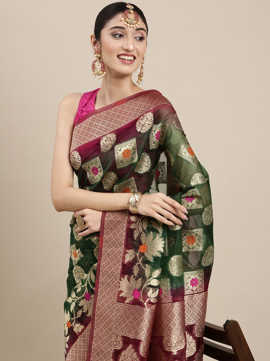 

PERFECTBLUE Green & Golden Ethnic Motifs Organza Saree