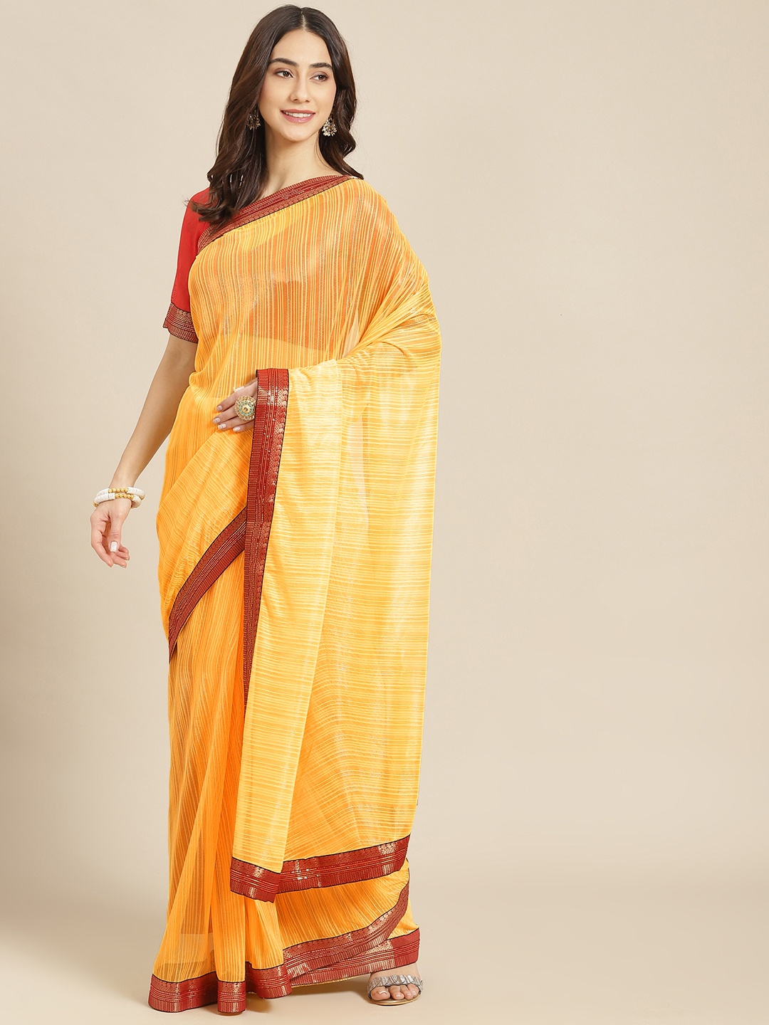 

SUTRAM Yellow & Red Striped Saree