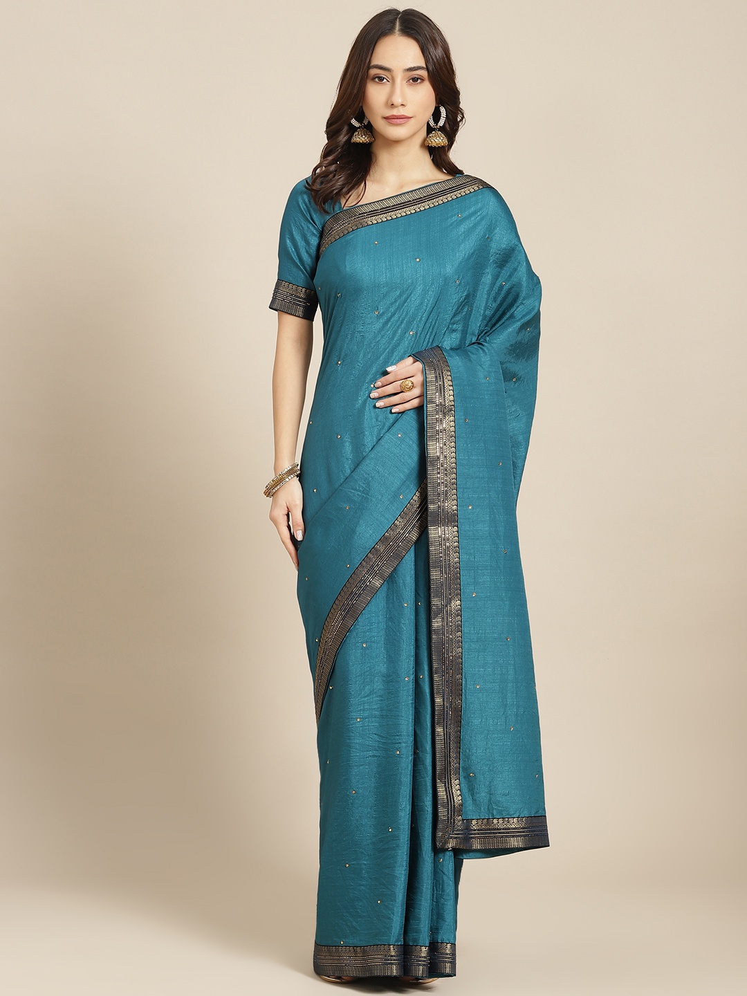 

SUTRAM Teal Embroidered Silk Blend Saree