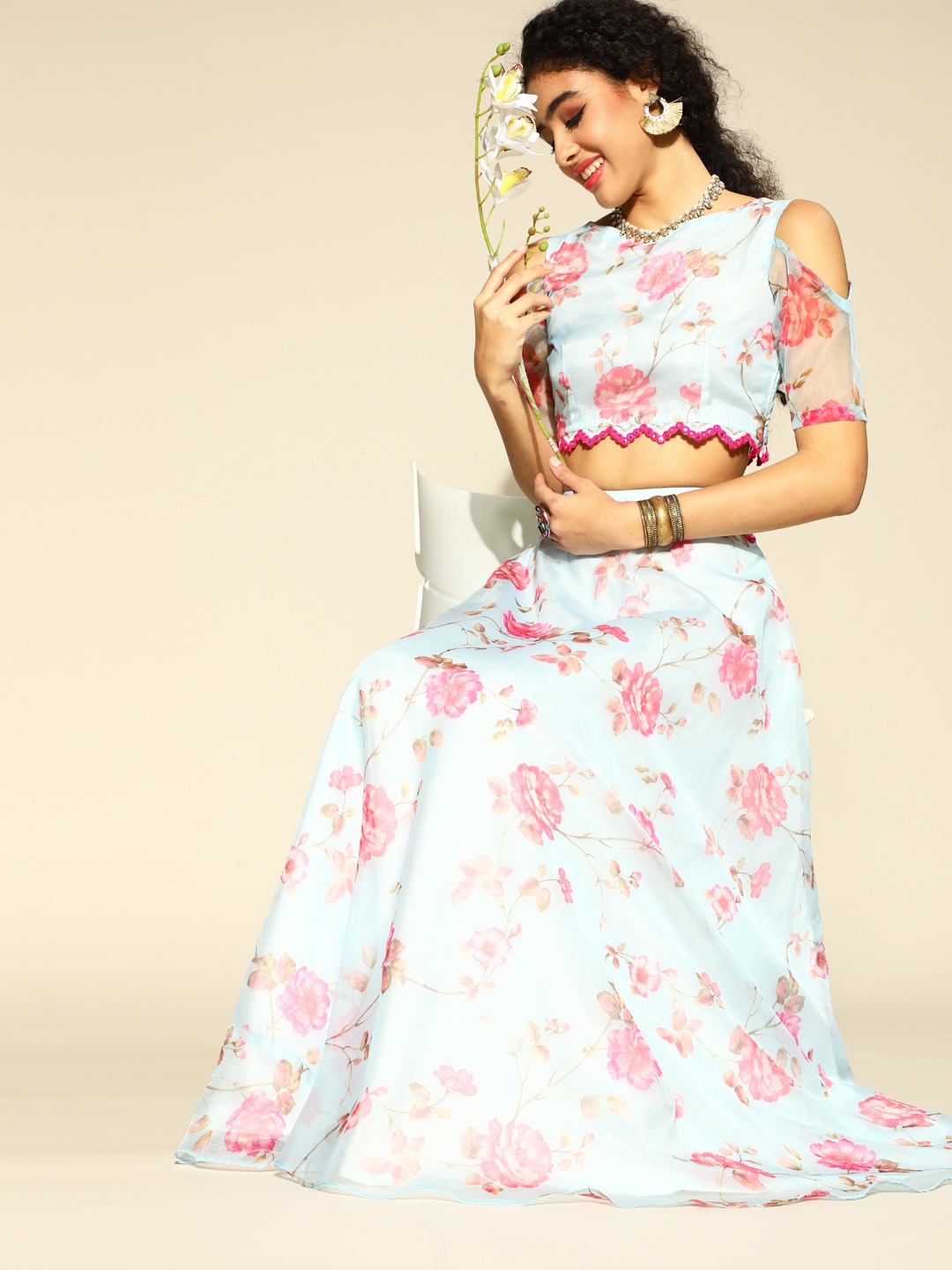 

Inddus Blue & Pink Floral Printed Mirror Work Top & Skirt