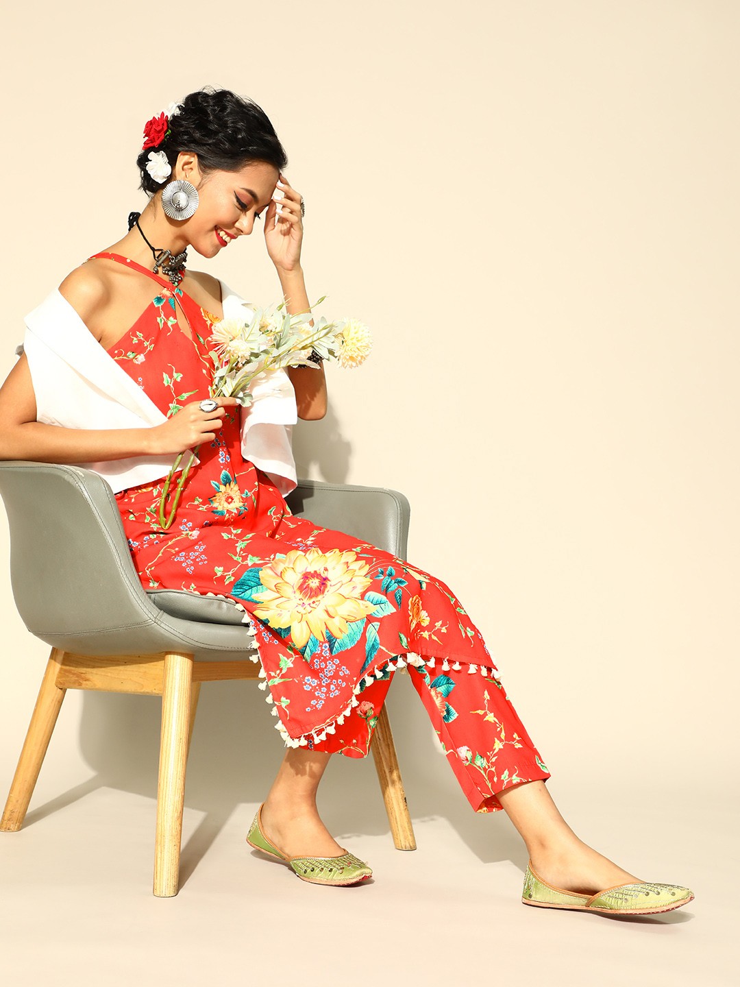 

Inddus Women Red & Yellow Floral Print Tasselled Fusion Kurta with Trousers