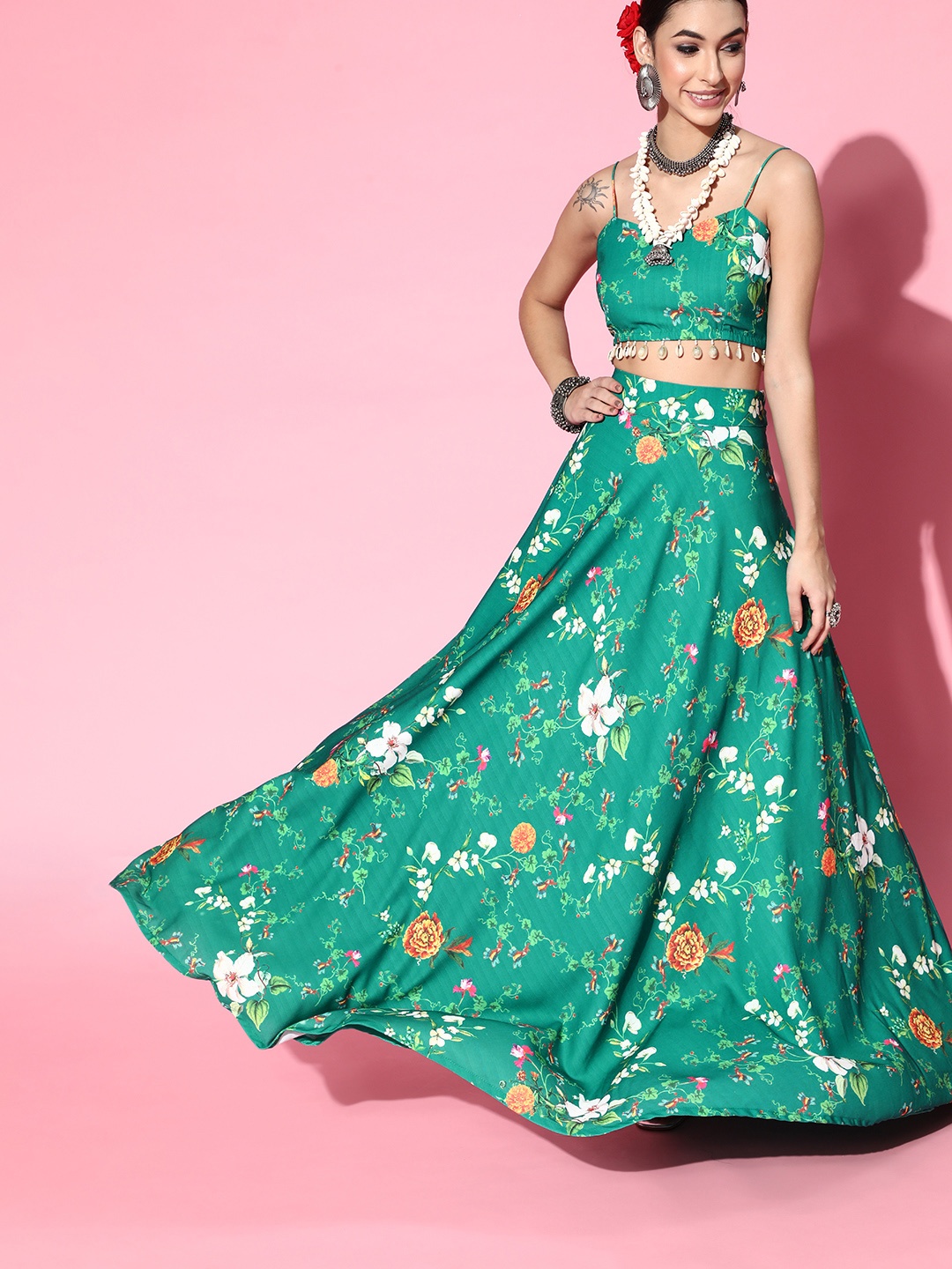 

Inddus Women Green Floral Printed Top with Skirt