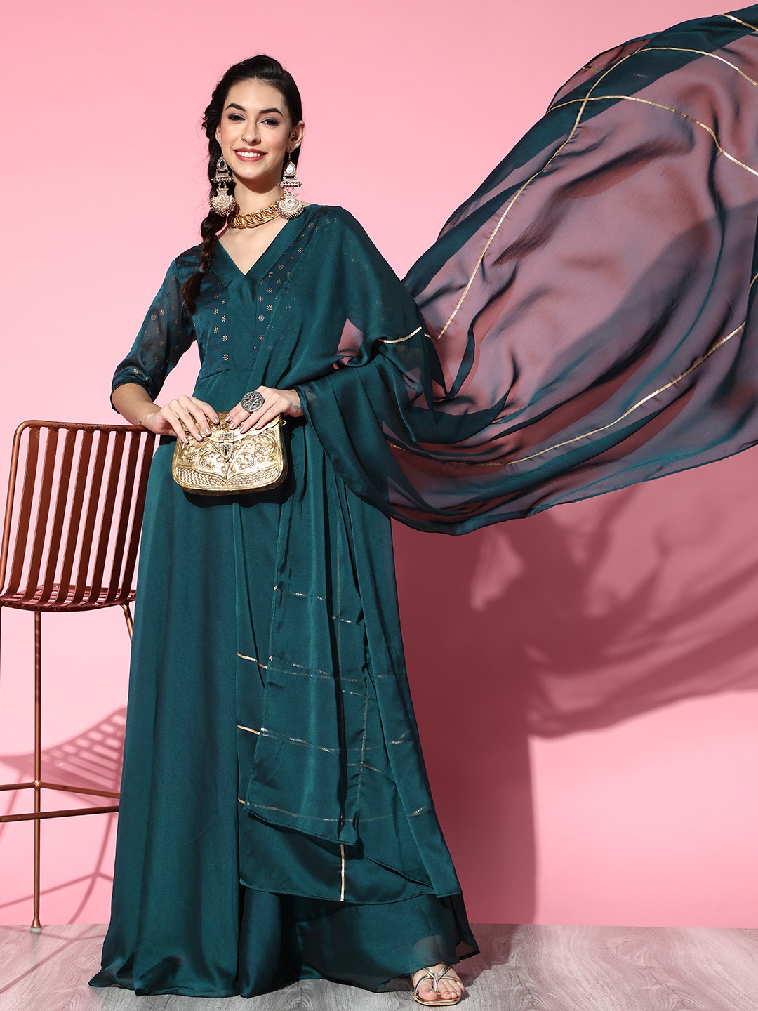 

Inddus Tranquil Teal Silk Festive Gown Kurta with gotta detail dupatta