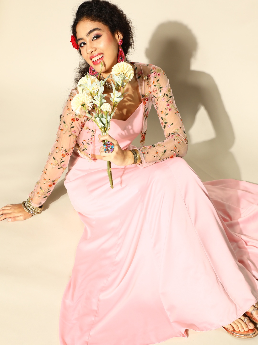 

Inddus Pink Solid Top & Skirt with Ethnic Jacket